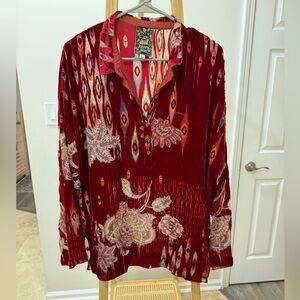 Johnny Was Feather Burnout Mara Blouse Red Velvet Floral Ikat Boho Top